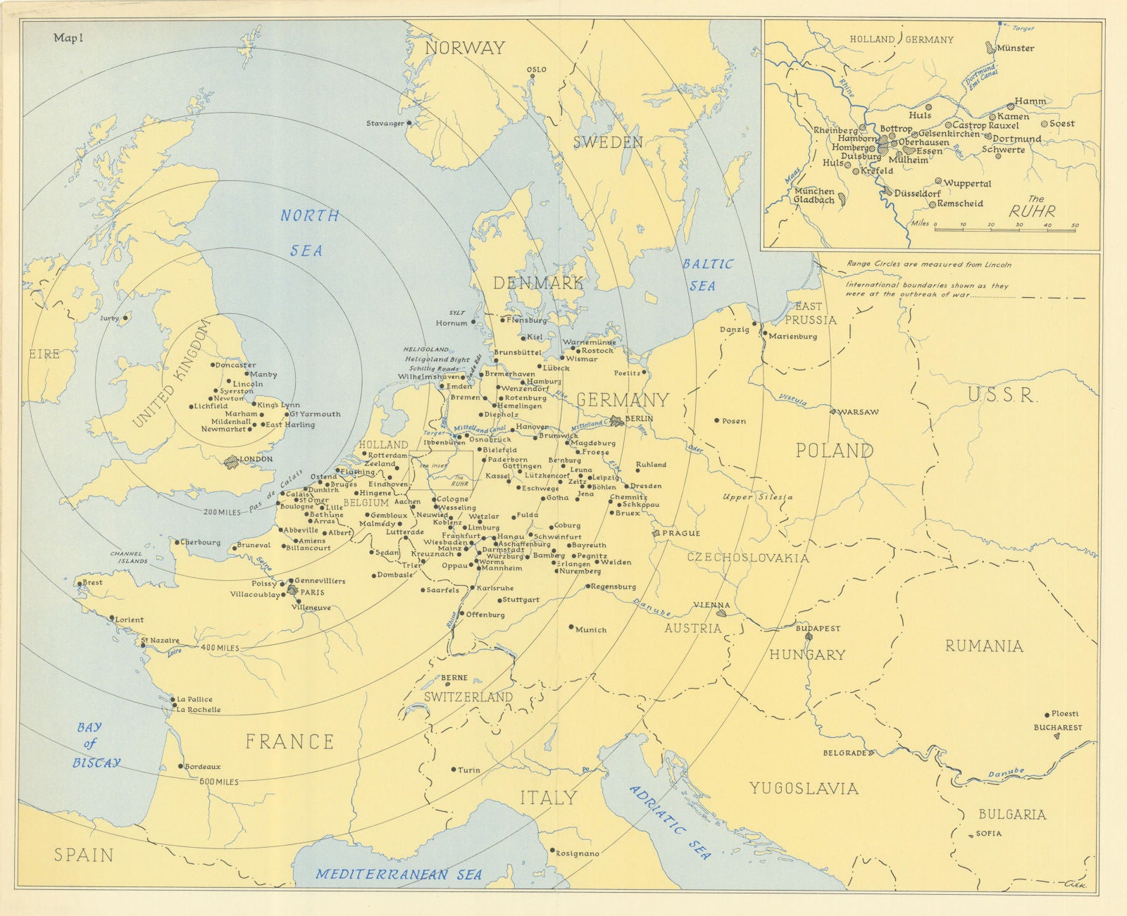 RAF Bomber Command airfields 1940. Range circles to targets. WW2 1961 old map